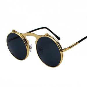 Vintage Steampunk Flip Retro Round Metal Unisex Sunglasses UV400-Black/Gold